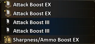 1x Sharpness EX, 2x Attack EX, 2x Attack II