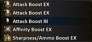 1x Sharpness EX, 2x Attack EX, 1x Attack III, 1x Affinity EX